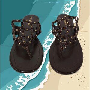 Enzo Angiolini Gladiator Sandals Flip Flops Rivets Brown Gold Women Size 7.5